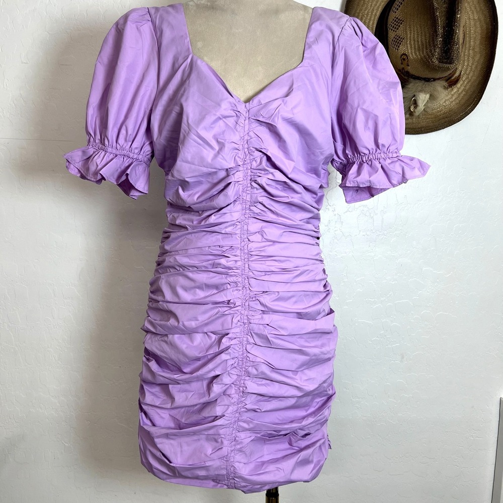 NWT English Factory Lavender Ruched Mini Dress Puff Sleeve Pastel Purple - Sz M